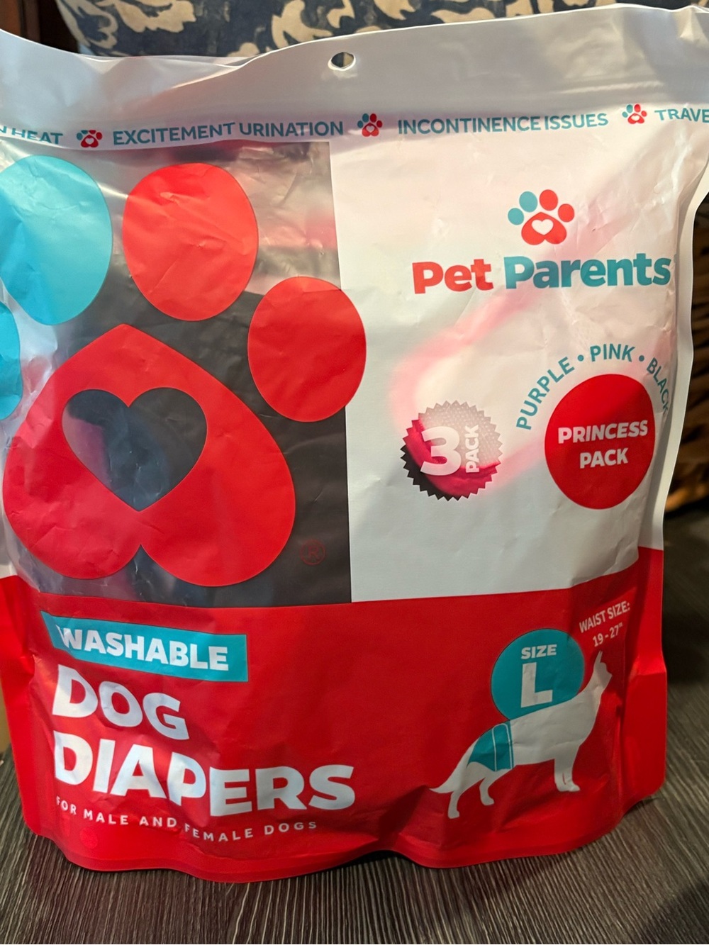 Washable Dog Diapers - Large, Red/Pink (Princess Pack)